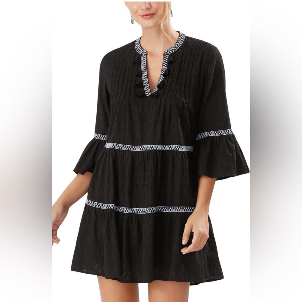 NWT TOMMY BAHAMA EMBROIDERED TIERED TASSEL BLACK DRESS WOMENS SIZE MEDIUM - Picture 3 of 10